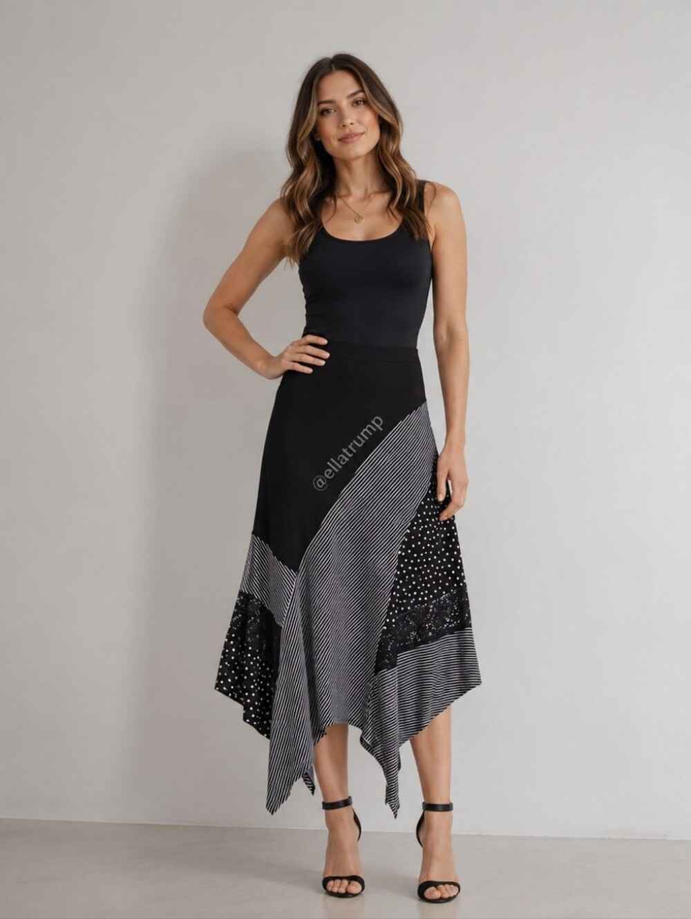 Chicos Pieced Dots and Stripe Hanky Hem Maxi Skirt Womens Black White Size 0